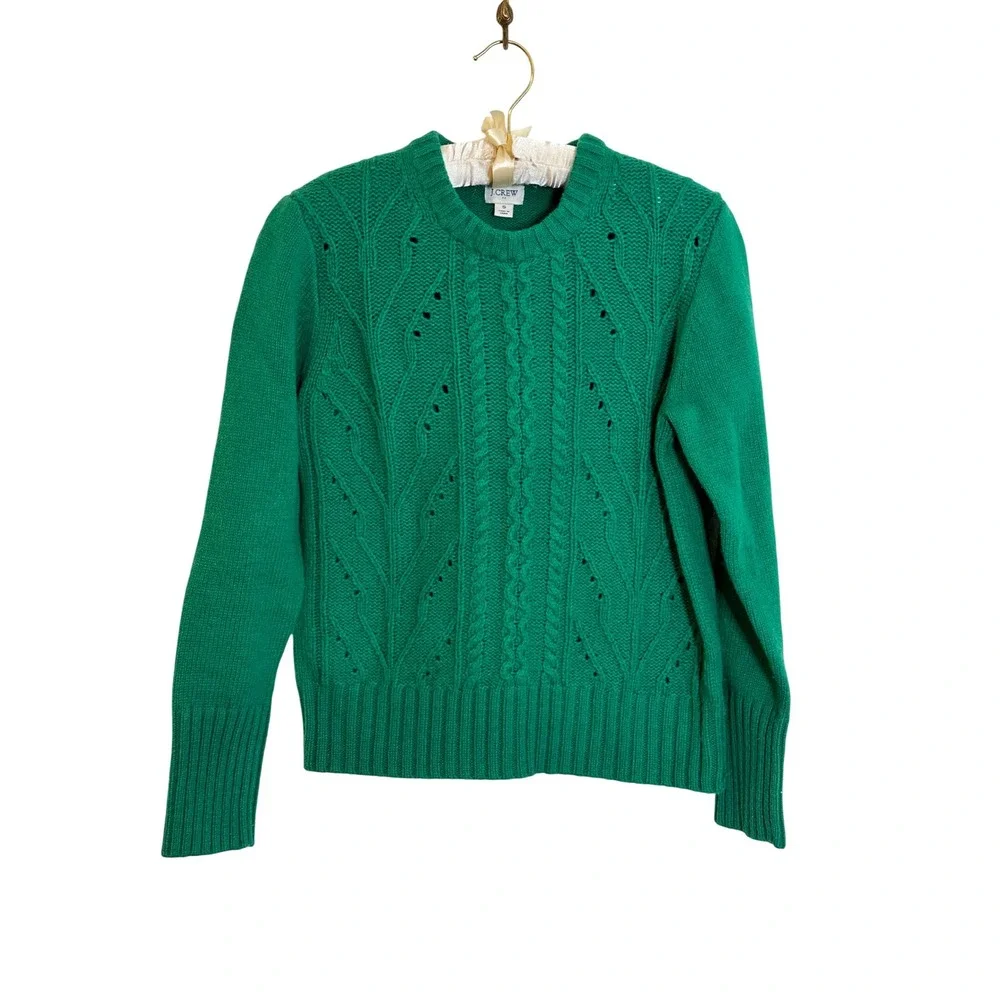 J. Crew Cable‎ Knit Pullover Sweater Size S Emerald Green Crew Neck Lambswool